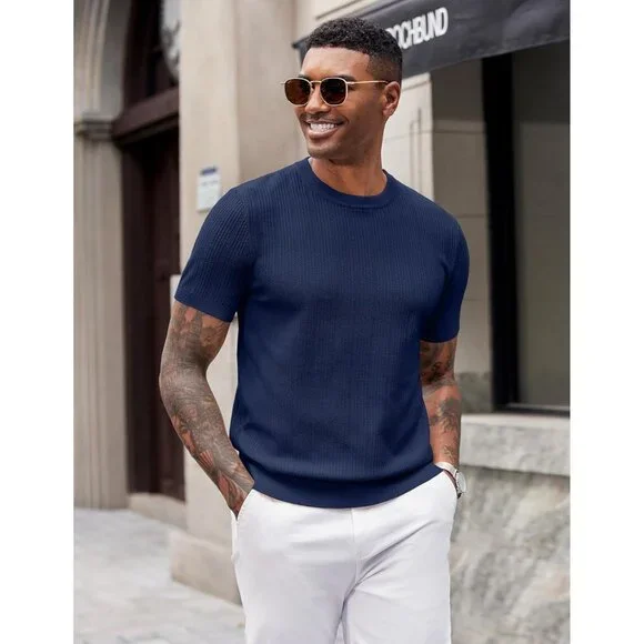 Men's Navy Blue Short Sleeve Knit Casual Crewneck Ribbed Dress Tee T-Shirts - Picture 2 of 6